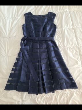Chetta B Navy Layered A-Line Midi Dress with Waist Sash